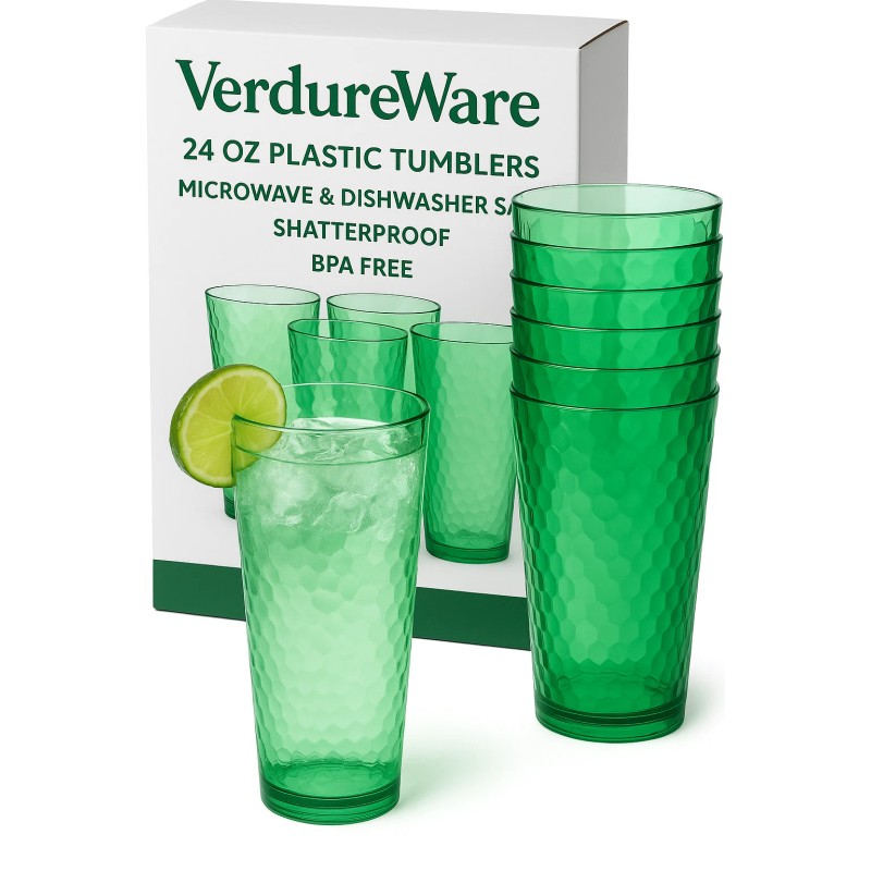 VerdureWare 24 oz Hammered Plastic Tumblers – Set of 8