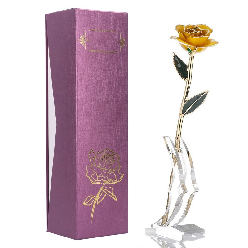 24K Gold Plated Real Rose Yellow Rose with Base Valentine's