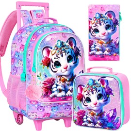 FTJCF 3Pcs Rolling Backpack for Girls, Kids Roller School Backpack with Wheels, Tiger Wheeled Bookbag for Elementary Preschool Kindergarten(Pink)