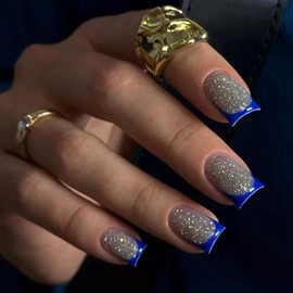 MISUD Short Press on Nails Square Fake Nails Glossy Glue on Nails Dark Blue French Tip Acrylic Nail Supplies Squoval Artificial Nail Art Bling Glitter Stick on False Nails with Design DIY 24 pcs