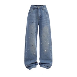 WDIRARA Girl's Pearl Beaded Elastic Waist Wide Leg Jeans Loose Denim Pants Medium Wash 12Y