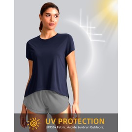 SANTINY Short Sleeve Workout Tops for Women Loose Yoga T-Shirts Sun Protection Breathable Running Athletic Tee Shirts (Navy_L)