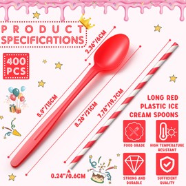 Potchen 200 Sets/400 Pcs 8.27 Inch Disposable Red Plastic Long Spoon and Red Paper Straws Heavy Duty Plastic Utensils Party Supply for Ice Cream, Milkshakes, Stirring Cocktails and Tall Ice Beverages