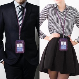 Leamekor ID Badge Holder with Neck Lanyard PU Leather ID Badge Wallet Case with 1 ID Window, 4 Card Slots, 1 Side Zipper Pocket (Glitter Purple)