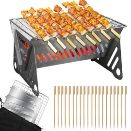 Outdoor Stainless Steel Camping Grill Folding Barbecue Grills Mini Portable Camping Grill with Bamboo chopsticks/Storage bag, Small Assemblable Removable BBQ Grill Tabletop Fire Pit for Camping Patio
