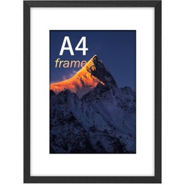 A4 Frame, Wooden A4 Picture Frame, Photo Frame Black with Plexiglass and Mount, Poster Frame with Mount, Puzzle Frames for Tabletop or Wall Hanging, Black