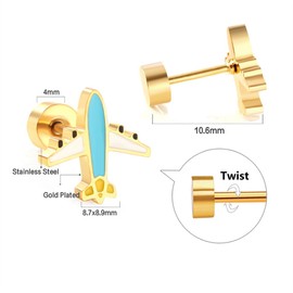 Cute 20g Aircraft Blue Enamel Screw Flat Back Small Stud Earrings for Women Gold Plated Stainless Steel Airplane Cartilage Tragus Little Tiny Sleeper Studs Hypoallergenic Fashion Jewelry Gift for