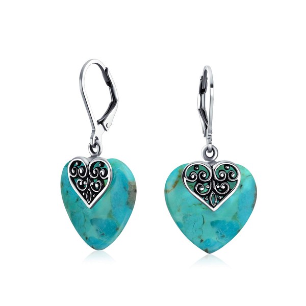 Boho Bali Style Scroll Filigree Pink Rhodochrosite Blue Turquoise Gemstone Heart Shaped Dangle Earrings Oxidized.925 Sterling Silver for Women, Gemstone, stabilized-turquoise