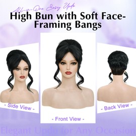 Kurope Black Wig 2-in-1 Messy Bun Hairpieces Ponytail with Bangs Drawstring Updo Synthetic Hairpieces for Women Hair Topper with Lace Side Bangs Natural Looking Lightweight