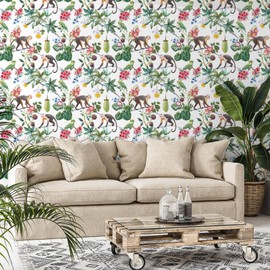 VaryStyle Tropical Jungle Wallpaper Exotic Forest Monkey Fruit Tree Floral Peel and Stick Wallpaper for Nursery Bathroom Waterproof Self Adhesive Removable Tropical Contact Paper for Cabinets Walls