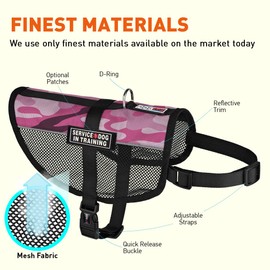 Dogline MaxAire Dog Vest with Service Dog in Training Removable Rubber Patches Adjustable Harness Reflective for Puppies Small Medium and Large Dogs 13 by 16 Inch Girth Pink Camo