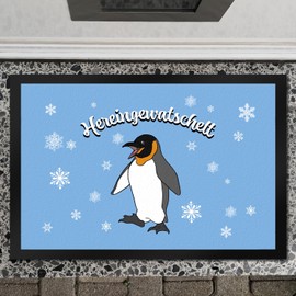 XXL Doormat 50 x 75 cm with Cute Penguin Motif and Snowflakes - Waddled in as a Gift for Lovers of Penguins and the Christmas Season around Door Thresholds or