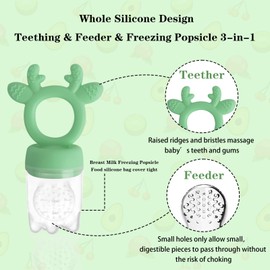 HAOBAOBEI Baby Fruit Food Feeder - Silicone Nibble Tray Combo - Breastmilk Popsicle Mold for Baby Cooling Relief, BPA Free Baby Mesh Feeder for Infant Self Feeding (Deer Green + Pineapple)