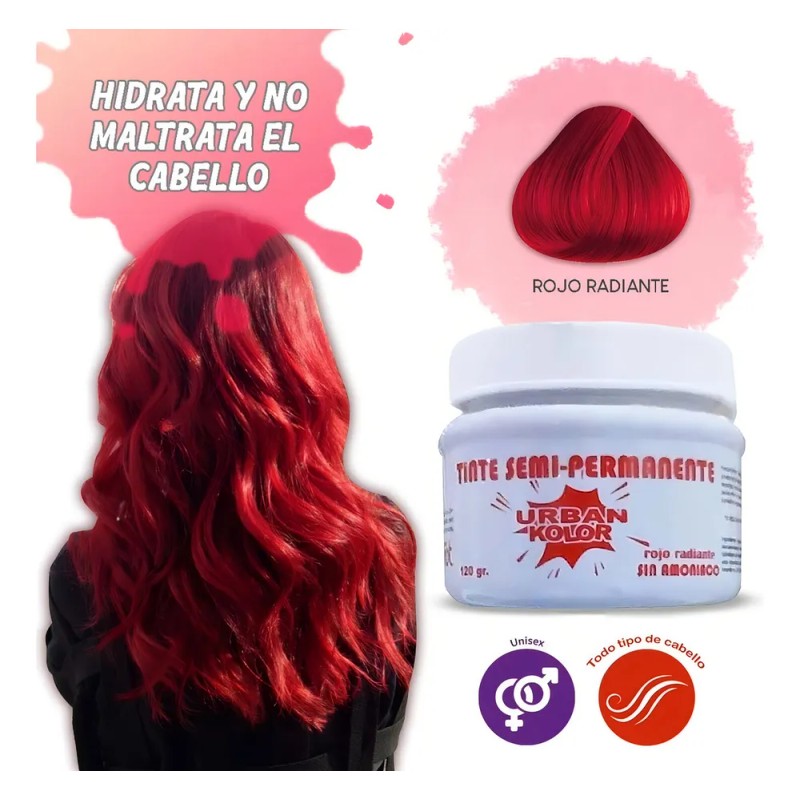 Tintes Fantasia Para Cabello Semipermanente Sin Amoniaco Tono Rojo Radiante