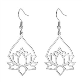 TEAMER Stainless Steel Lotus Flower Dangle Earrings Bohemian Drop Earring Unique Geometric Jewelry for Women (Lotus 7-Steel Color)