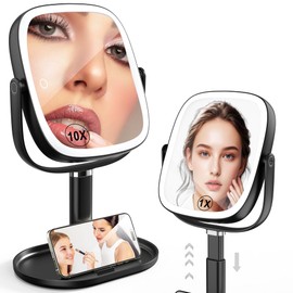 Makeup Vanity Mirror with Lights-10x/1x Magnifying Led Desk Mirror, Rechargeable Tabletop Mirror with 3-Color Lighting & Touch Control, 360° Adjustable Desk Vanity Mirrors, Gift for Women, (Black)