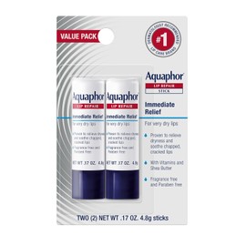 Aquaphor Barra de reparación de labios, paquete de bálsamo labial hidratante, alivia la sequedad, barra de 0.17 onzas, paquete de 2