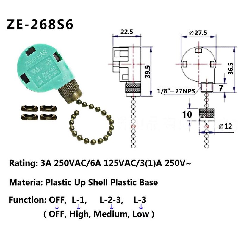 Ceiling Fan Switch ZE-268S6 3 Speed 4 Wire Bronze Zing