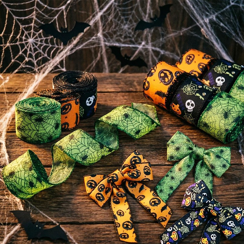3 Rolls Halloween Ribbons Bat Spider Web Printed Ribbon Wired