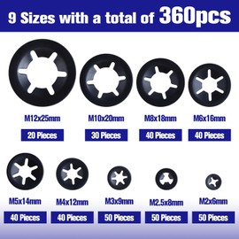 LEONTOOL 360 Pieces Internal Tooth Star Lock Washers 9 Sizes Quick Speed Locking Washers Assortment Kit Push On Speed Clips Fasteners, M2 / M2.5 / M3 / M4 / M5 / M6 / M8 / M10 / M12
