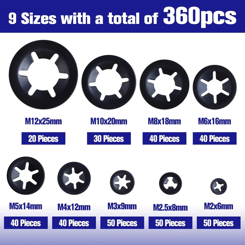 LEONTOOL 360 Pieces Internal Tooth Star Lock Washers 9 Sizes