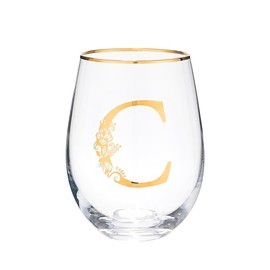 Unique Stemless Floral Monogram Wine Glass Engraved-Initial Wine Cup for Red or White 15oz Wine Glass Cup Letter C- Gifts for Women Men Birthday Christmas Gifts Wedding Bridesmaid Proposal