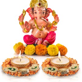 Set of 2 Flower T Light Holder Candle Stand Tealight T-Light Holders for Indian Traditional Cultural Festival Decoration Lighting Accessories Wedding Home Decor(Without Wax) (Size:-3")(Orange)