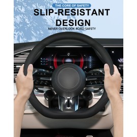 OHHMNKK D-Shaped Steering Wheel Cover for Mercedes-Benz AMG A35 A45 C43 C63 E53 E63 S63 GLA GLC GLE GLS G63 AMG GT, 14.5-15" Perforated Leather Anti-Slip Compatible Heated Wheels (Black)