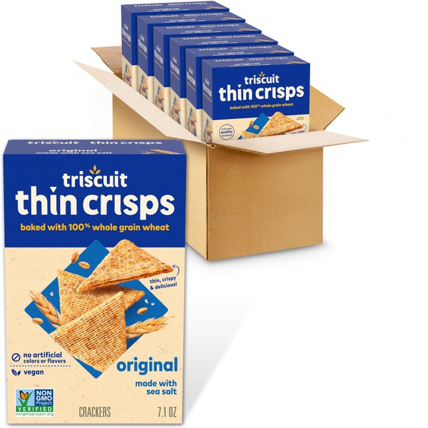 Triscuit Thin Crisps Original Whole Grain Wheat Crackers, Vegan Crackers, 6 - 7.1 oz Boxes