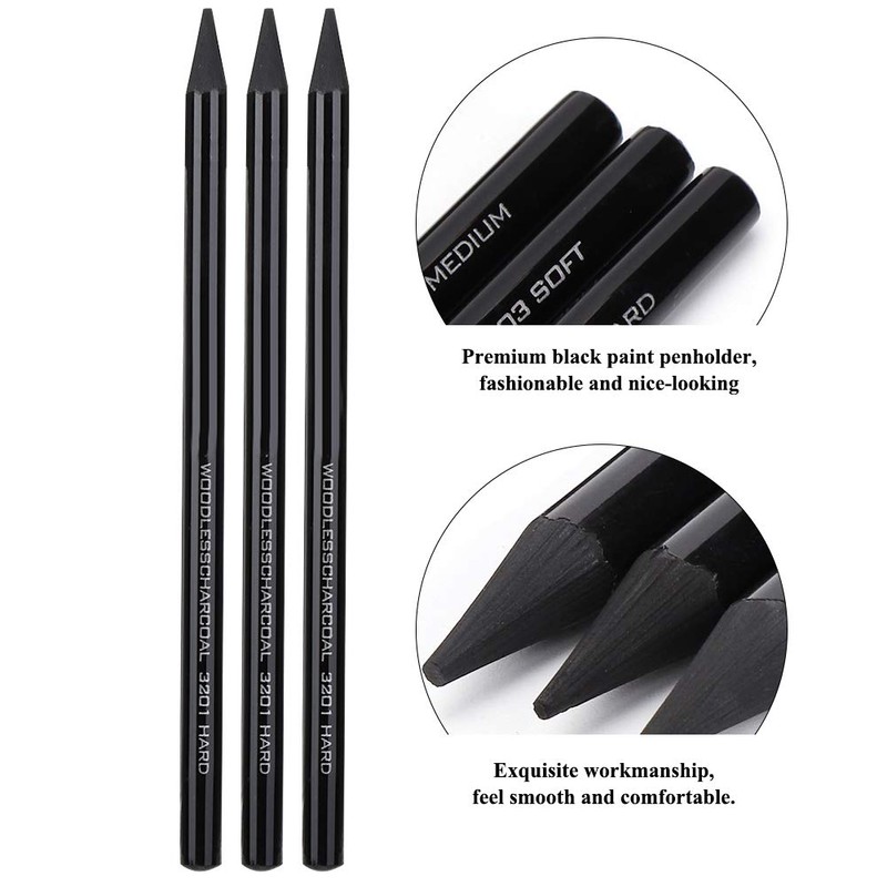 Pure Carbon Sketch Pencil, Professional Hard/Medium/Soft Woodless Charcoal Drawing Tool
