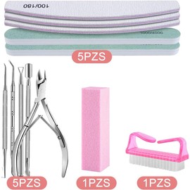Kit 12pzs Manicure y Limas para Uñas Profesional,Incluir 5 Manicura de Acero Inoxidable+5 Limas De Uñas+1 Cepillo Limpiar+1 Bloque de Pulido,Uso Profesional y Doméstico,para Cuidado de Las Uñas