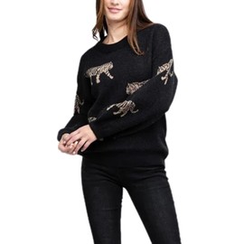 Women Y2k Sweaters Vintage Tiger Print Long Sleeve Pullover Sweater Fall Knitwear Streetwear (Black Tiger Print, L)
