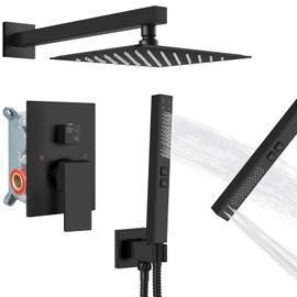 GBBNE Shower System Rain Shower Head and Handle Set Wall Mount Shower Faucet Set Fixture Combo 2 in 1 Handheld Spray Brass Rough-in Valve with 8 Inch Showerhead Matte Black
