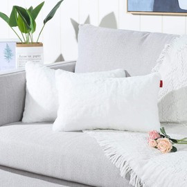 Mandioo Pack of 2 Pure Snow White Faux Fur Fuzzy Cozy Soft Decorative Throw Pillow Covers Set Lumbar Cushion Cases Pillowcases for Sofa Bedroom Car 12x20 Inches 50x30 cm