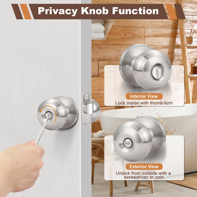 Estmoon 6 Pack Brushed Nickel Door Knobs, Privacy Door Lock
