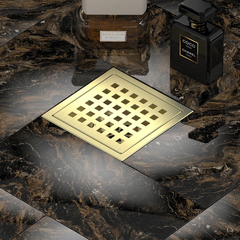 Georkios Brushed Gold 6 Inch Square Floor Drain, SUS304 Stainless
