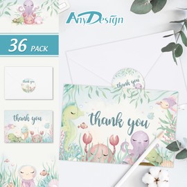 AnyDesign 36 Pack Sea Animal Thank You Cards Bulk Watercolor Cute Ocean Creatures Note Cards with Envelopes Stickers Funny Cartoon Blank Greeting Cards for Birthday Baby Shower, 4 x 6 Inch