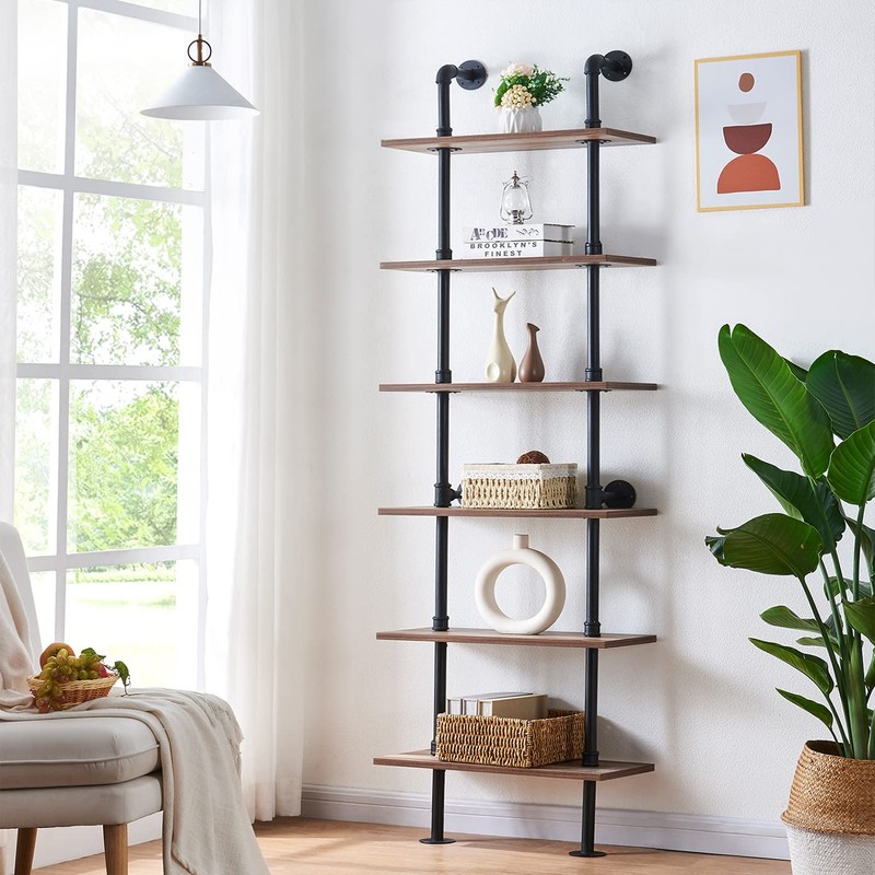 HOMBAZAAR Industrial Pipe Bookshelf,6 Tier Pipe Shelving,Wall Mounted Ladder Shelves