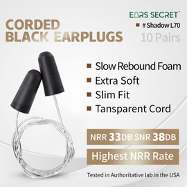 2023: Corded Black Ear Plugs With 70cm Clear String Foam Earplugs Individually Wrapped Ear Protection SNR 38dB Adults Industrial Noise Cancelling Ear buds EARS SECRET #Shadow L70 10Pairs