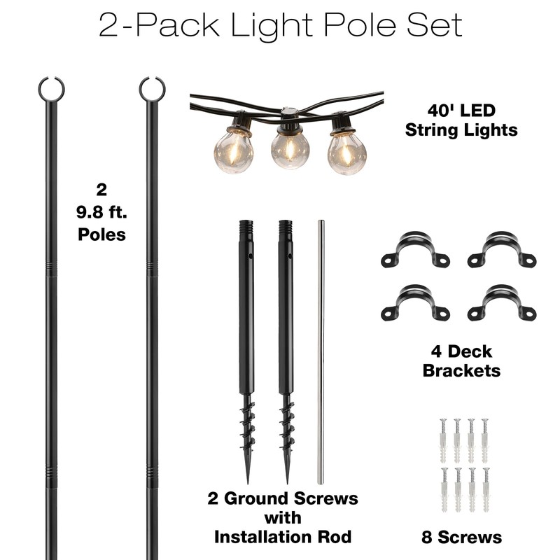 EXCELLO GLOBAL PRODUCTS String Light Pole Set with 40' LED