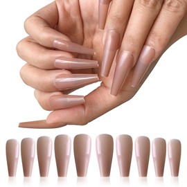 AddFavor 100pcs Long Coffin Press on Nails Full Cover Long Ballerina Acrylic Fake Nails Solid Color Glossy False Nail Tips, Coffee