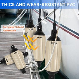 VEITHI Boat Fenders 4 Pack 6.5 x 23 inch,Ribbed Twin Eyes Vinyl Boat Bumpers Fenders,Boat Bumpers for Docking Come with Ropes Needles and Pump to Inflate,Pontoon Boat Fenders for Docking - Sand/Black