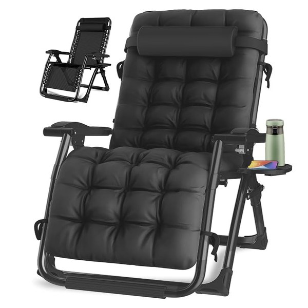 Oversized Zero Gravity Chair, Lawn Recliner, Reclining Patio Lounger Chair, Folding Portable Chaise, with Detachable Soft Cushion, Cup Holder, Adjustable Headrest, Support 500 lbs. (Black Cushion)