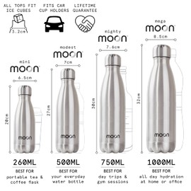 Moon Bottles - Carbon Neutral Stainless Steel Metal Water Bottle & Vacuum Flask - 24 Hrs Cold & 12 Hot - Insulated Drinks Bottles, Double Walled Reusable Drink Flasks, Leakproof (260ml, Silver)