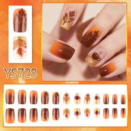 Fall Press on Nails Thanksgiving Short Square Fake Nails with Designs Orange Gradient Maple Leaf Coffee Cup Glue on Nails 24 Pcs Reusable Acrylic Nail for Women WYFHDT