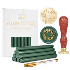 Yoption Wax Seal Kit, Christmas Wreath Wax Seal Stamp, 10pcs Olive Green Glue Gun Sealing Wax Sticks and Wax Seal Pen, Great for Christmas Cards, Gift, Wedding Invitations, Envelopes, Wine Packages