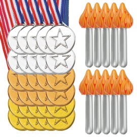 PATIKIL Winner Award Medals Sets - 54 Pcs 1.5 Inch Small Plastic Gold Silver Bronze Award Medals with Star Shape 12 Pcs Inflatable Torch Props for Team Sports Competitions