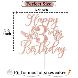 Decoración para tarta de cumpleaños con purpurina de oro rosa, diseño de mariposa para baby shower/Cheers to 3 años, decoración de fiesta de tercer cu