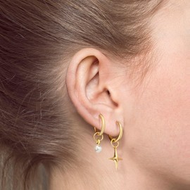 DAILY VIBES Small Gold Star Pearl Drop Dangle Earrings for Women Dainty 925 Sterling Silver Post Asymmetrical Mini 14K Gold Plated Huggie Hoop Earrings for Women