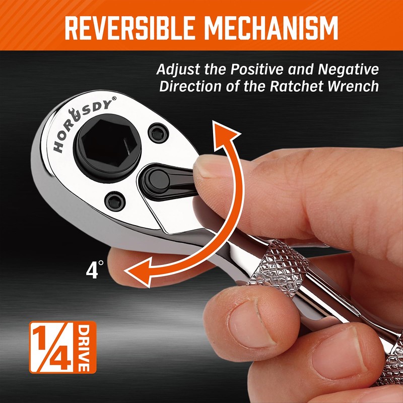 HORUSDY 1/4-Inch Stubby Ratchet Wrench Set, Chrome Alloy 90-Tooth Reversible